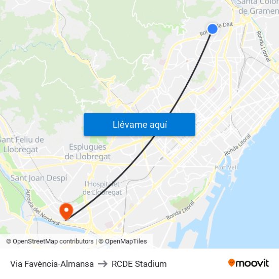 Via Favència-Almansa to RCDE Stadium map