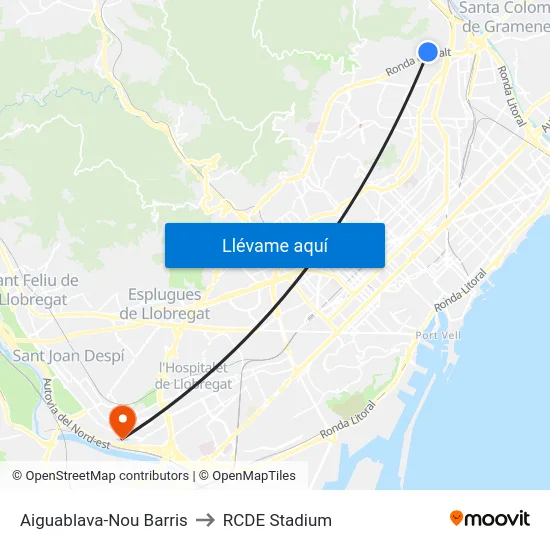Aiguablava-Nou Barris to RCDE Stadium map
