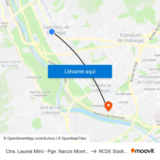Ctra. Laureà Miró - Pge. Narcís Monturiol to RCDE Stadium map