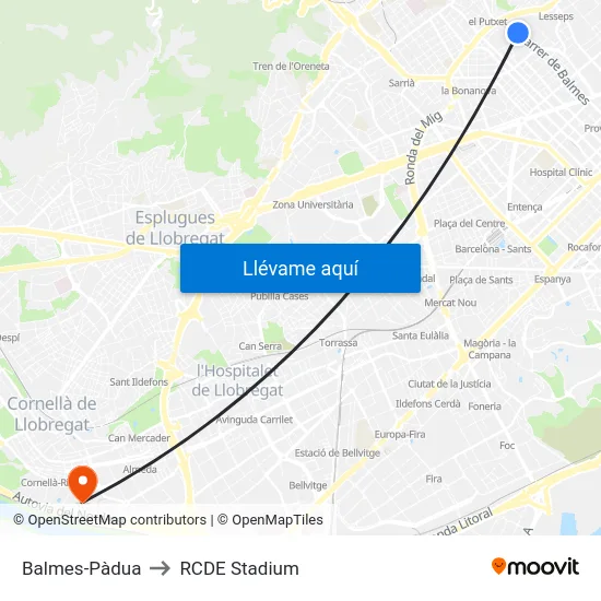 Balmes-Pàdua to RCDE Stadium map