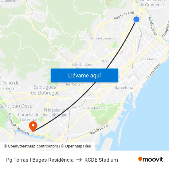 Pg Torras I Bages-Residència to RCDE Stadium map
