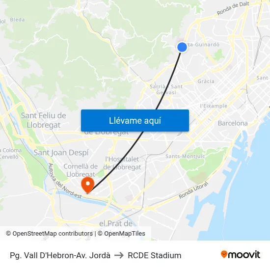 Pg. Vall D'Hebron-Av. Jordà to RCDE Stadium map