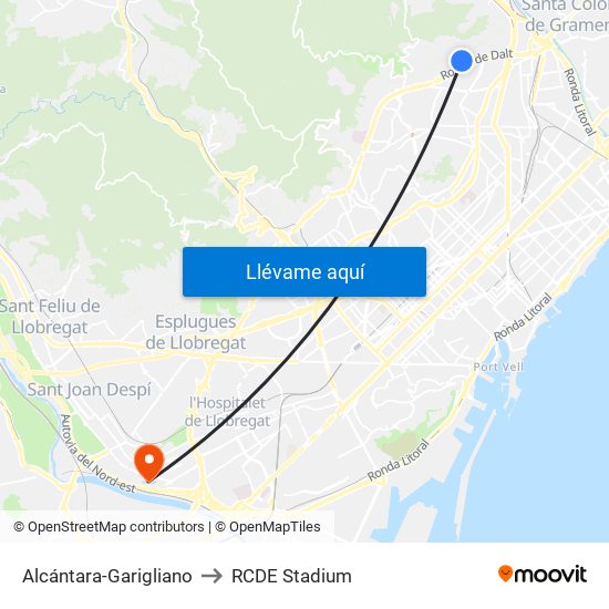 Alcántara-Garigliano to RCDE Stadium map
