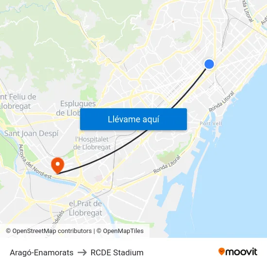 Aragó-Enamorats to RCDE Stadium map