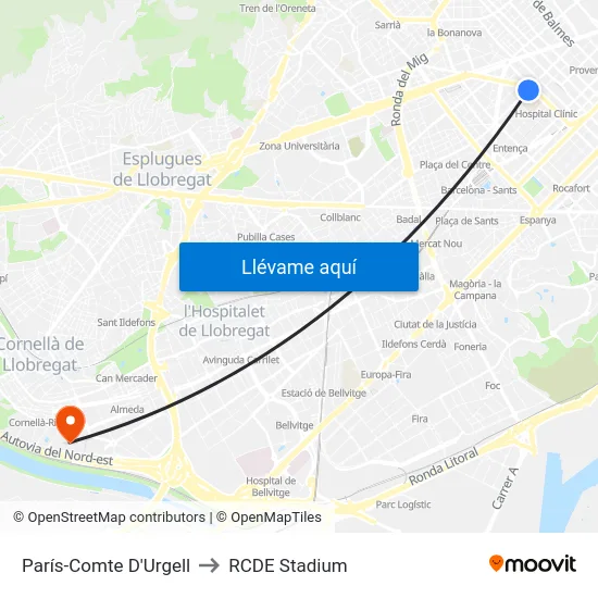 París-Comte D'Urgell to RCDE Stadium map