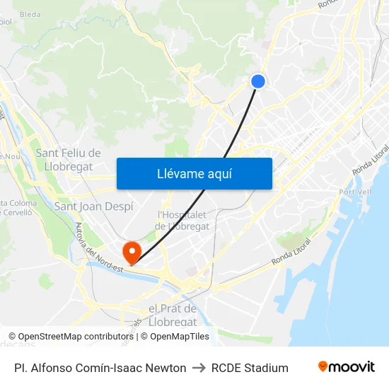 Pl. Alfonso Comín-Isaac Newton to RCDE Stadium map
