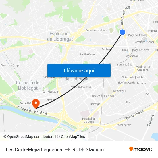 Les Corts-Mejía Lequerica to RCDE Stadium map