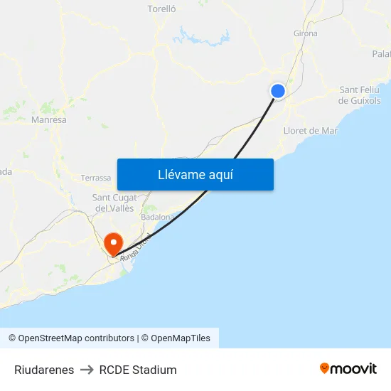 Riudarenes to RCDE Stadium map