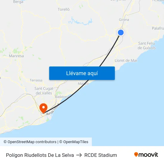 Polígon Riudellots De La Selva to RCDE Stadium map