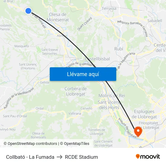 Collbató - La Fumada to RCDE Stadium map