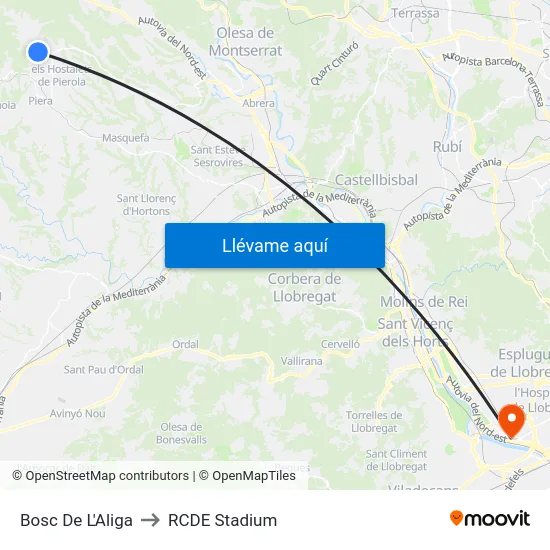 Bosc De L'Aliga to RCDE Stadium map