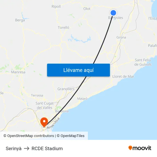Serinyà to RCDE Stadium map