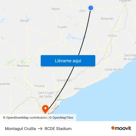 Montagut Cruïlla to RCDE Stadium map