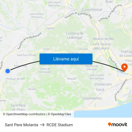 Sant Pere Molanta to RCDE Stadium map