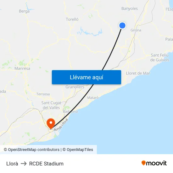 Llorà to RCDE Stadium map