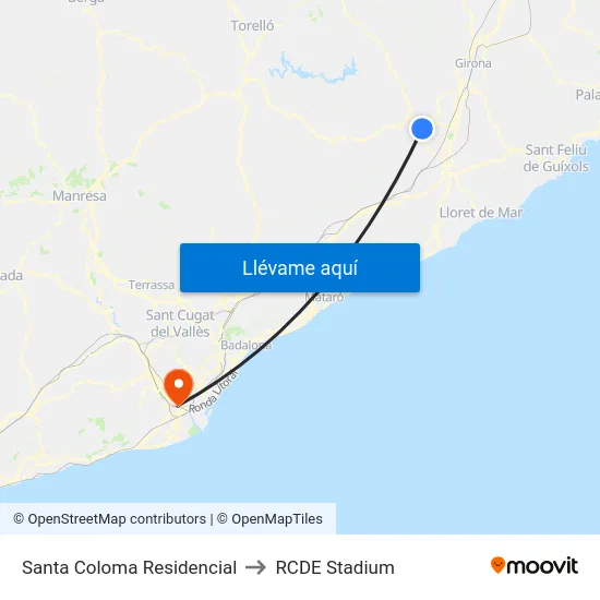 Santa Coloma Residencial to RCDE Stadium map