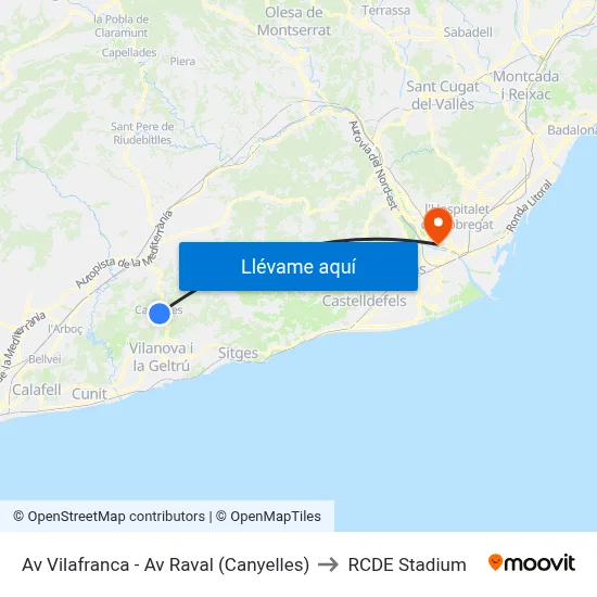Av Vilafranca - Av Raval (Canyelles) to RCDE Stadium map
