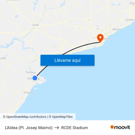L'Aldea (Pl. Josep Maimó) to RCDE Stadium map