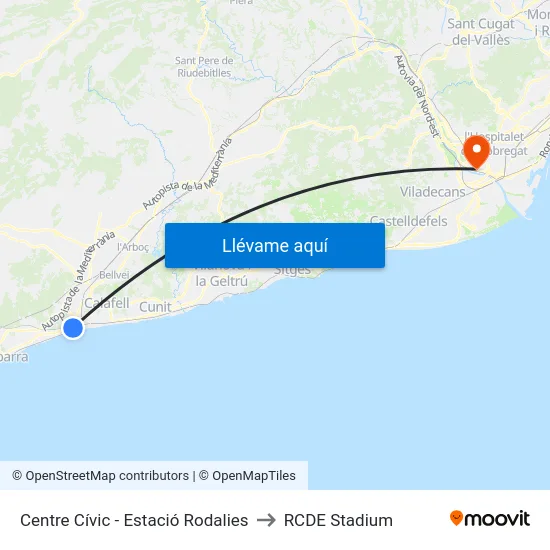 Centre Cívic - Estació Rodalies to RCDE Stadium map