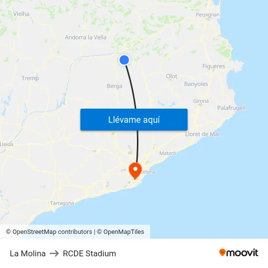 La Molina to RCDE Stadium map