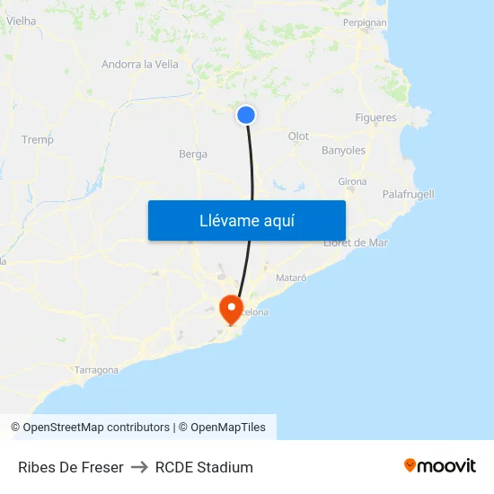 Ribes De Freser to RCDE Stadium map