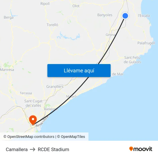 Camallera to RCDE Stadium map