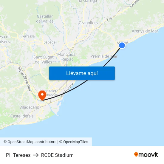 Pl. Tereses to RCDE Stadium map