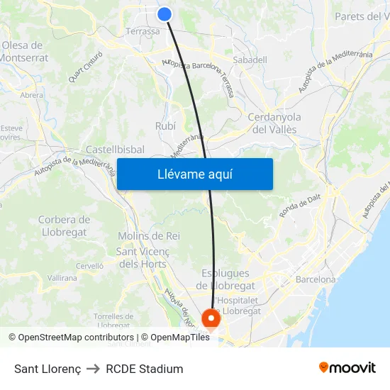 Sant Llorenç to RCDE Stadium map