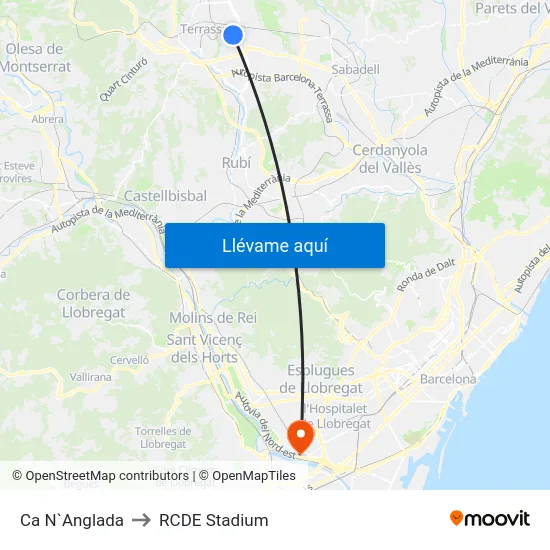 Ca N`Anglada to RCDE Stadium map