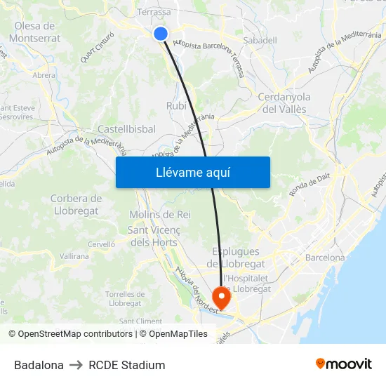 Badalona to RCDE Stadium map