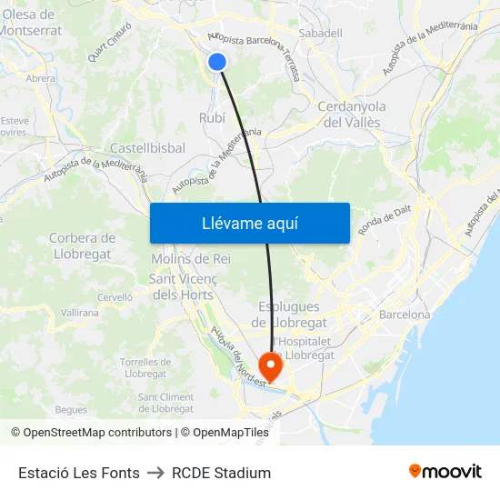 Estació Les Fonts to RCDE Stadium map