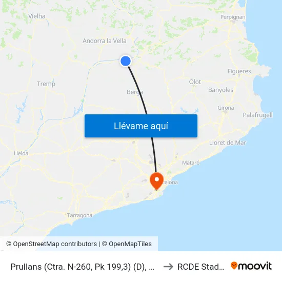 Prullans (Ctra. N-260, Pk 199,3) (D), Prullans to RCDE Stadium map