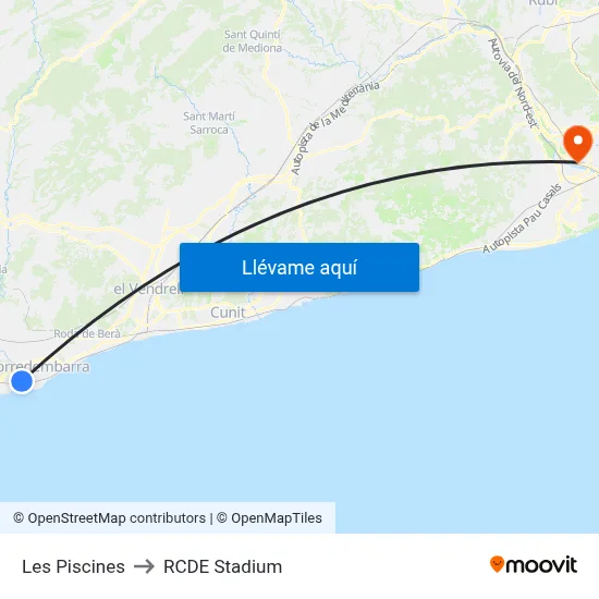 Les Piscines to RCDE Stadium map