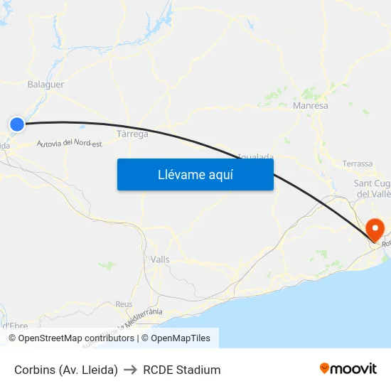 Corbins (Av. Lleida) to RCDE Stadium map