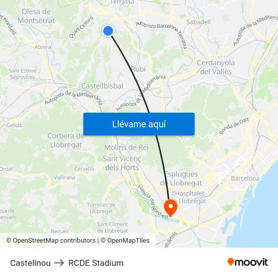 Castellnou to RCDE Stadium map