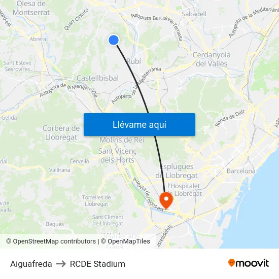 Aiguafreda to RCDE Stadium map