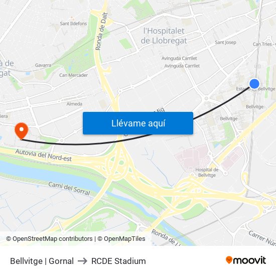 Bellvitge | Gornal to RCDE Stadium map