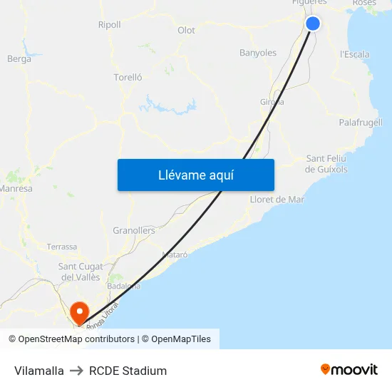 Vilamalla to RCDE Stadium map
