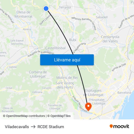 Viladecavalls to RCDE Stadium map