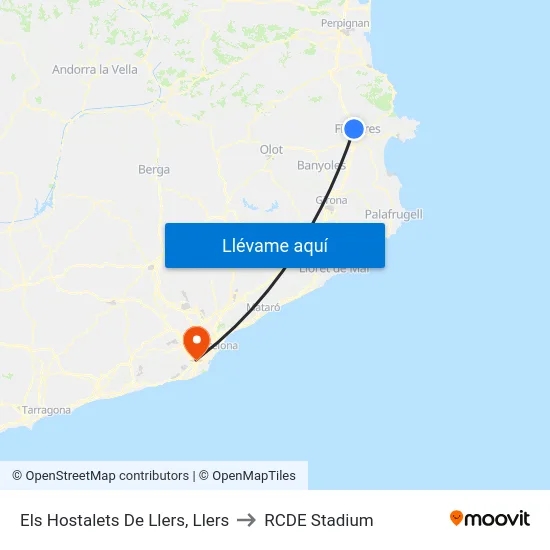 Els Hostalets De Llers, Llers to RCDE Stadium map