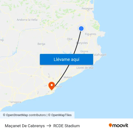 Maçanet De Cabrenys to RCDE Stadium map