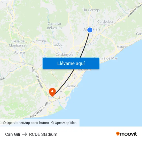Can Gili to RCDE Stadium map