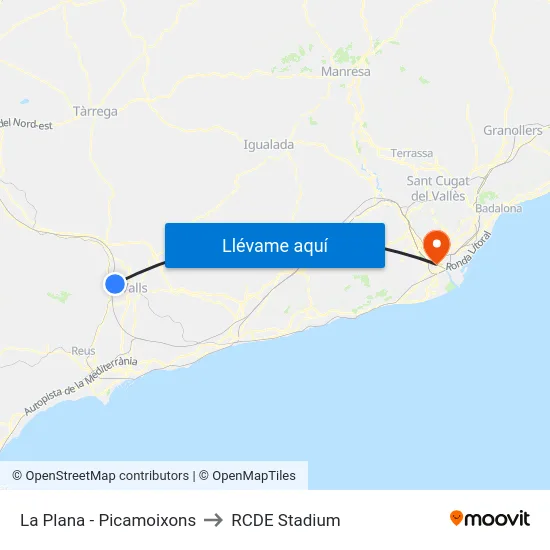 La Plana - Picamoixons to RCDE Stadium map