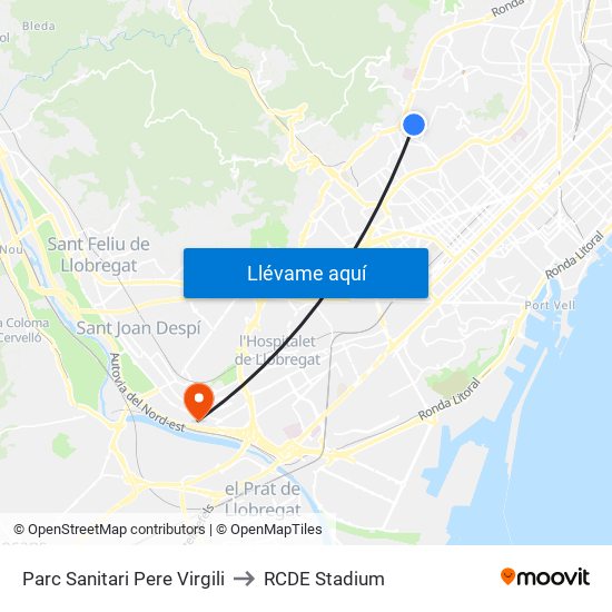 Parc Sanitari Pere Virgili to RCDE Stadium map