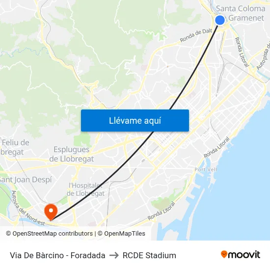 Via De Bàrcino - Foradada to RCDE Stadium map