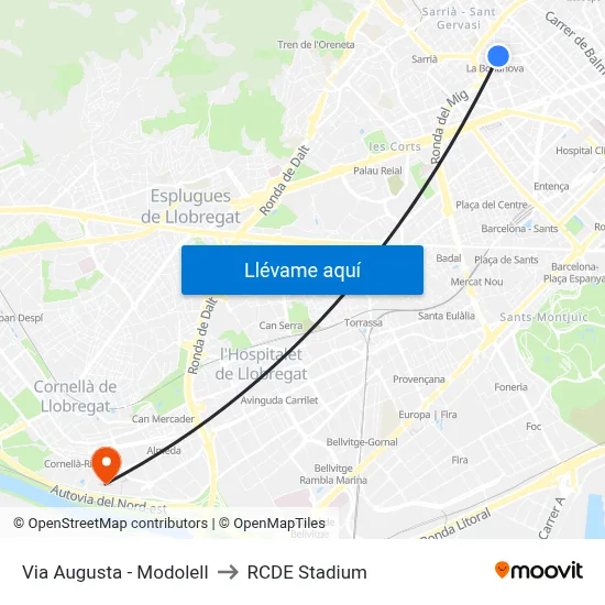 Via Augusta - Modolell to RCDE Stadium map