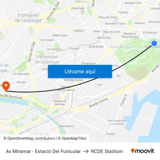 Av Miramar - Estació Del Funicular to RCDE Stadium map