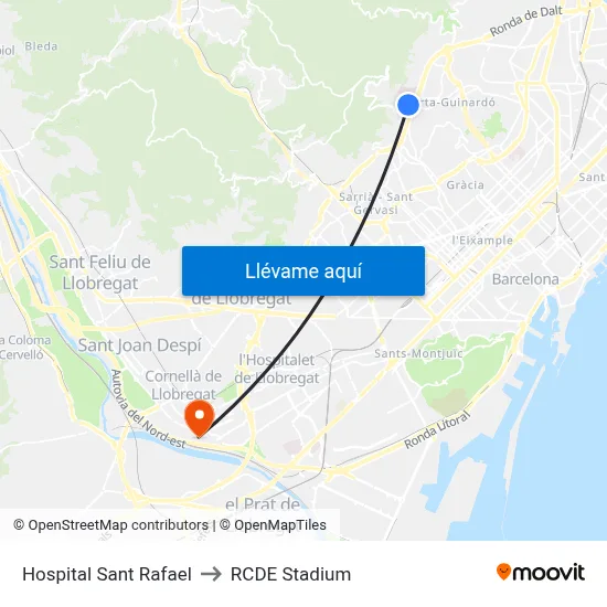 Hospital Sant Rafael to RCDE Stadium map