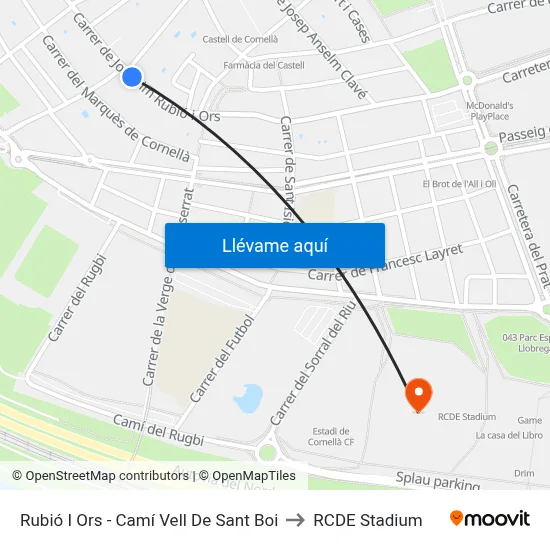 Rubió I Ors - Camí Vell De Sant Boi to RCDE Stadium map