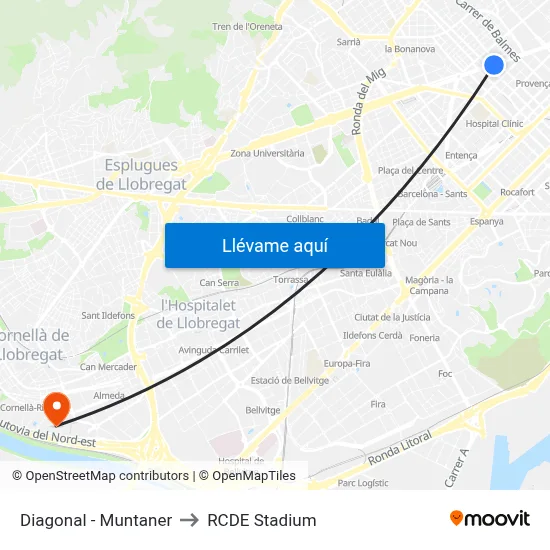 Diagonal - Muntaner to RCDE Stadium map